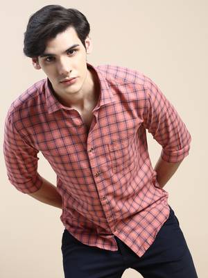 men's long sleeves tartan checks coral shirt 1