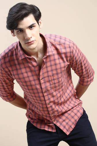 men's long sleeves tartan checks coral shirt