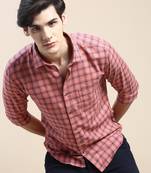 men's long sleeves tartan checks coral shirt