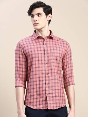 men's long sleeves tartan checks coral shirt 2