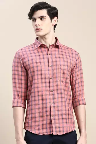 men's long sleeves tartan checks coral shirt