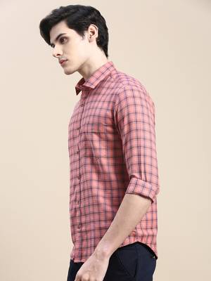 men's long sleeves tartan checks coral shirt 3