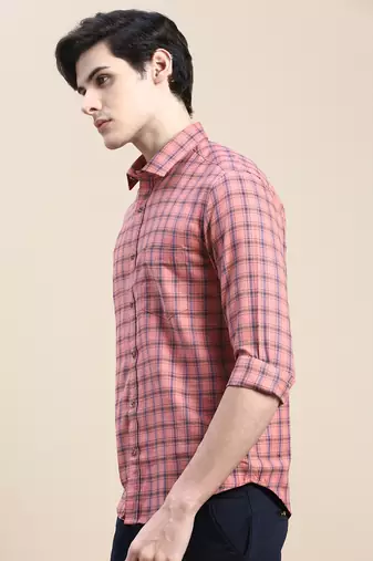 men's long sleeves tartan checks coral shirt