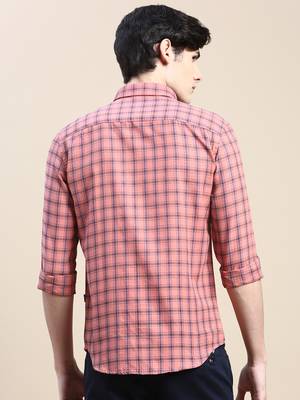 men's long sleeves tartan checks coral shirt 4