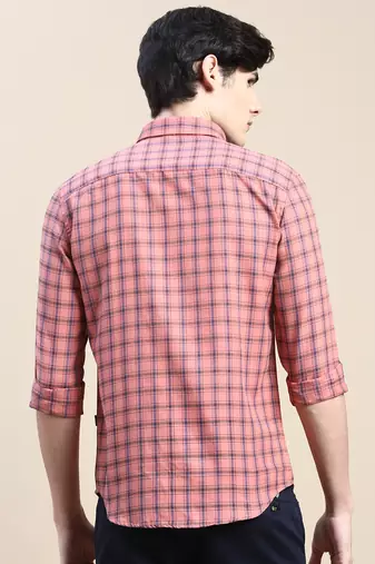 men's long sleeves tartan checks coral shirt