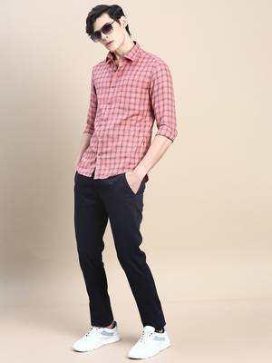 men's long sleeves tartan checks coral shirt 5