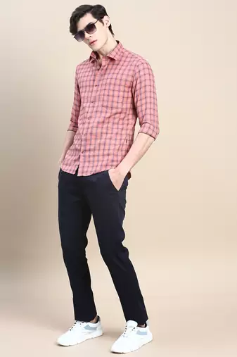 men's long sleeves tartan checks coral shirt