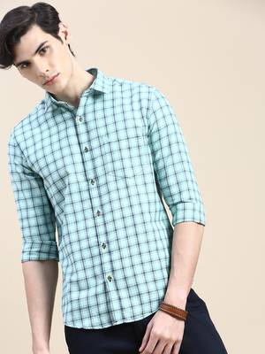 men's long sleeves tartan checks sea green shirt 1