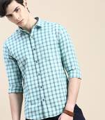 men's long sleeves tartan checks sea green shirt