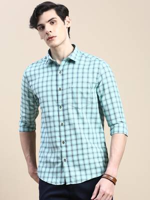 men's long sleeves tartan checks sea green shirt 2