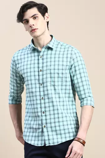 men's long sleeves tartan checks sea green shirt