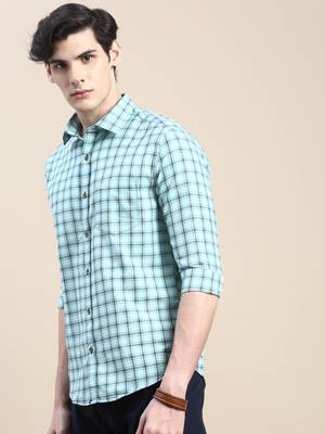 men's long sleeves tartan checks sea green shirt 3