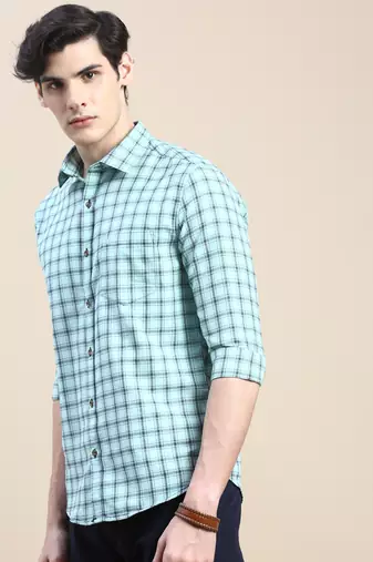 men's long sleeves tartan checks sea green shirt