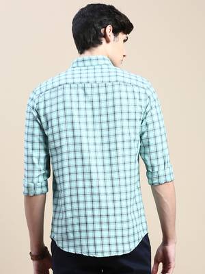 men's long sleeves tartan checks sea green shirt 4
