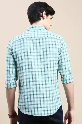 men's long sleeves tartan checks sea green shirt
