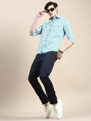 men's long sleeves tartan checks sea green shirt 5