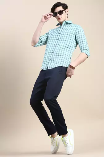 men's long sleeves tartan checks sea green shirt