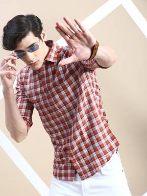 men's long sleeves tartan checks rust shirt 1