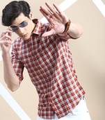 men's long sleeves tartan checks rust shirt