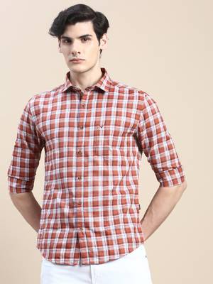 men's long sleeves tartan checks rust shirt 2