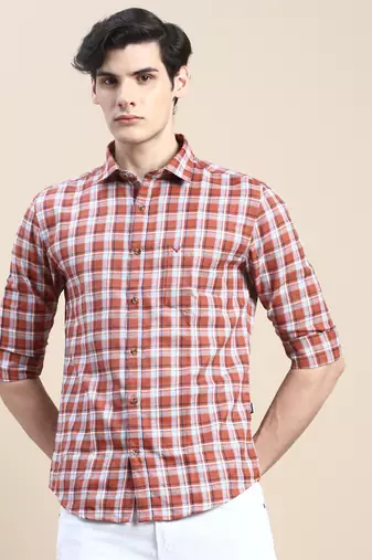 men's long sleeves tartan checks rust shirt