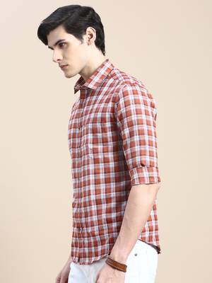 men's long sleeves tartan checks rust shirt 3