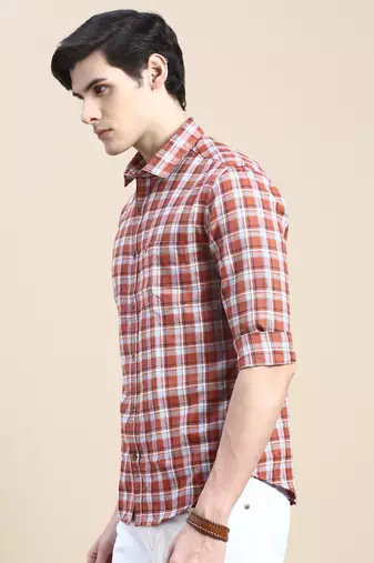 men's long sleeves tartan checks rust shirt