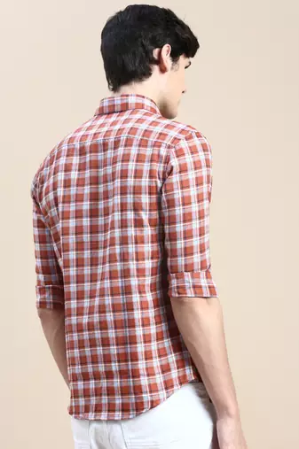 men's long sleeves tartan checks rust shirt
