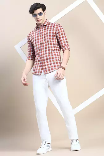 men's long sleeves tartan checks rust shirt