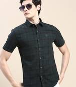 men's short sleeves tartan checks olive shirt