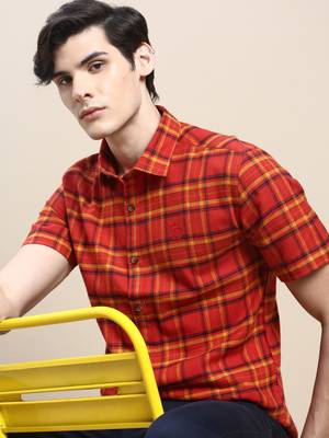 men's short sleeves tartan checks rust shirt 1
