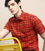men's short sleeves tartan checks rust shirt