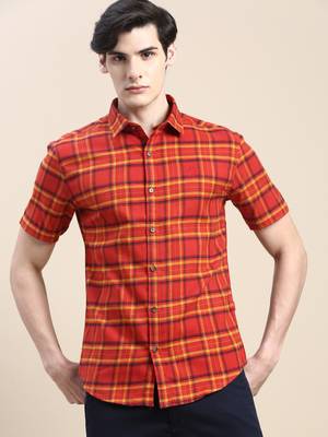 men's short sleeves tartan checks rust shirt 2