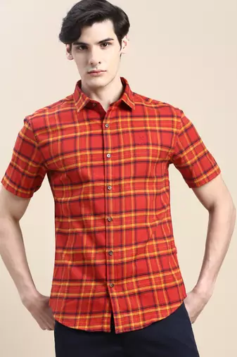 men's short sleeves tartan checks rust shirt
