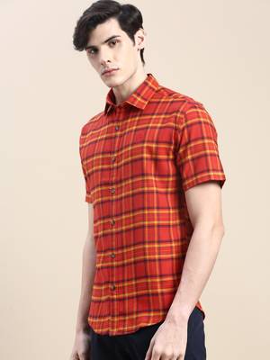 men's short sleeves tartan checks rust shirt 3
