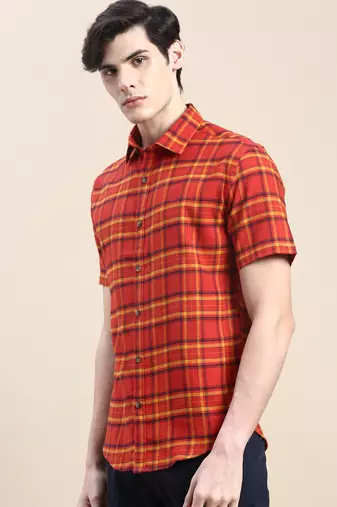 men's short sleeves tartan checks rust shirt