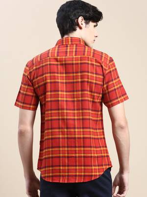 men's short sleeves tartan checks rust shirt 4