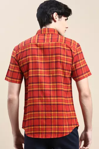 men's short sleeves tartan checks rust shirt