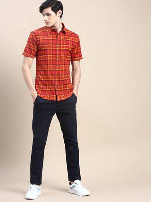 men's short sleeves tartan checks rust shirt 5
