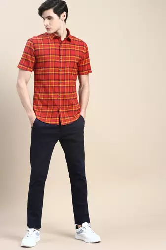 men's short sleeves tartan checks rust shirt