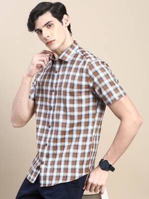 men's short sleeves shepherd checks khaki shirt 1