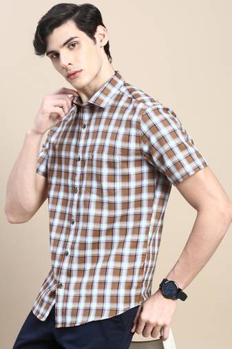 men's short sleeves shepherd checks khaki shirt
