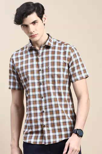 men's short sleeves shepherd checks khaki shirt
