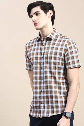 men's short sleeves shepherd checks khaki shirt