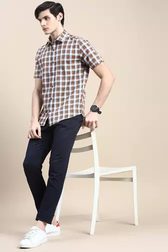 men's short sleeves shepherd checks khaki shirt