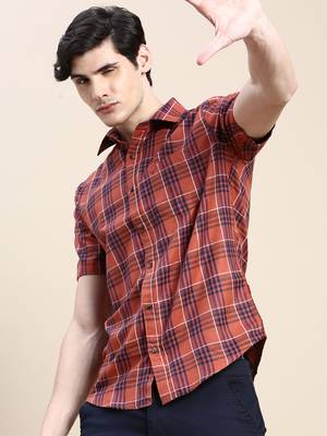 men's short sleeves tartan checks rust shirt 1