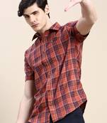 men's short sleeves tartan checks rust shirt