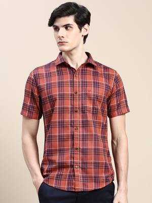 men's short sleeves tartan checks rust shirt 2