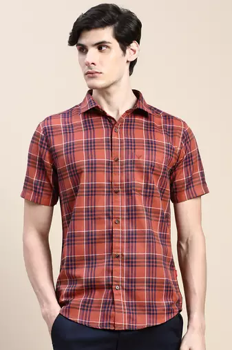 men's short sleeves tartan checks rust shirt