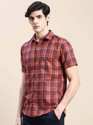 men's short sleeves tartan checks rust shirt 3